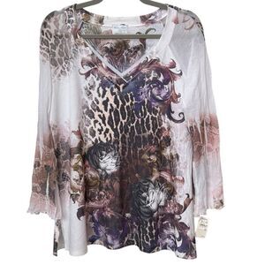 Bleu Clair Flowy Floral & Animal Print Maximalist V-Neck Tunic Top. XL. NEW.